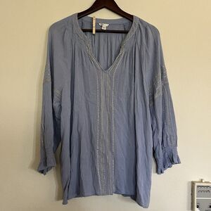 Cato V Neck Crinkle Embroidered Long Banded Sleeves Peasant Top Blouse SZ 18/20